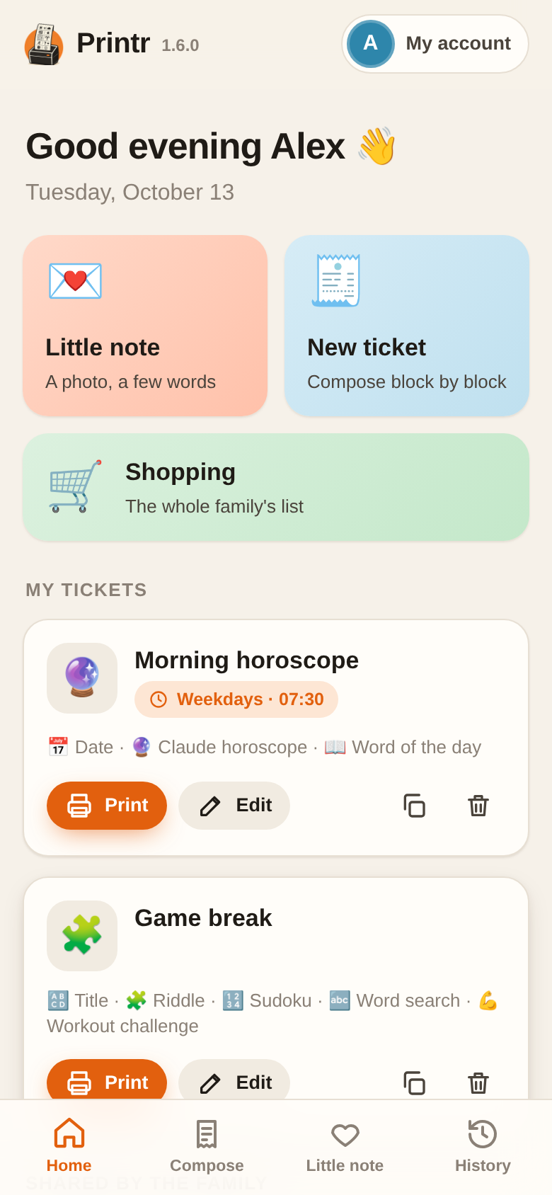 Home: the family's tickets