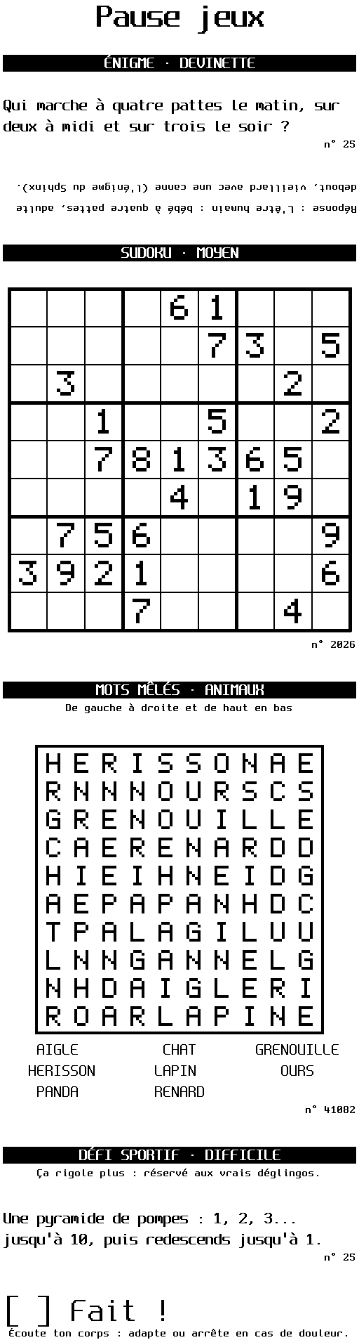 Ticket de jeux : énigme, sudoku, mots mêlés, défi sportif