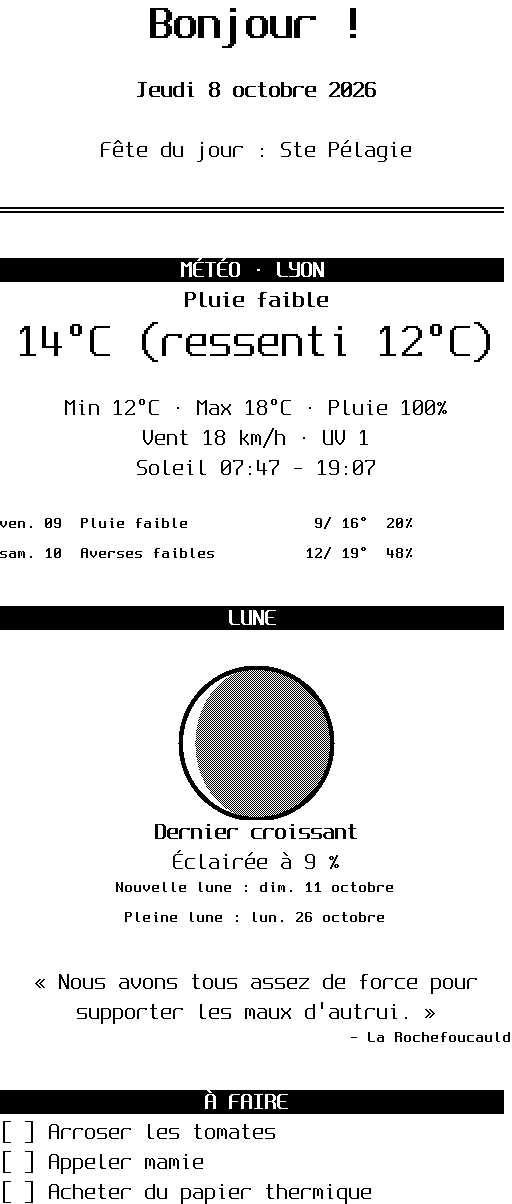 Ticket du matin : date, saint, météo, lune, citation, liste à faire