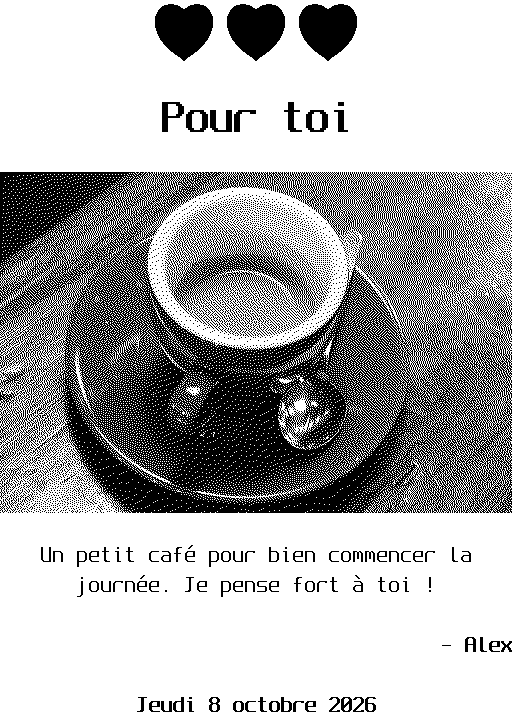 Petit mot : cœurs, photo d'un café, message