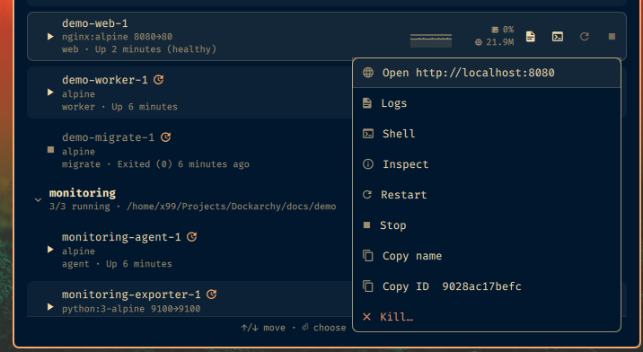The context menu on a container: open port, logs, shell, inspect, restart, stop, copy, kill