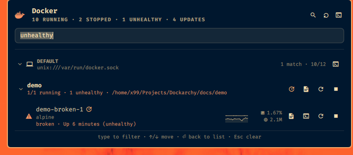 The panel filtered on 'unhealthy': one matching container